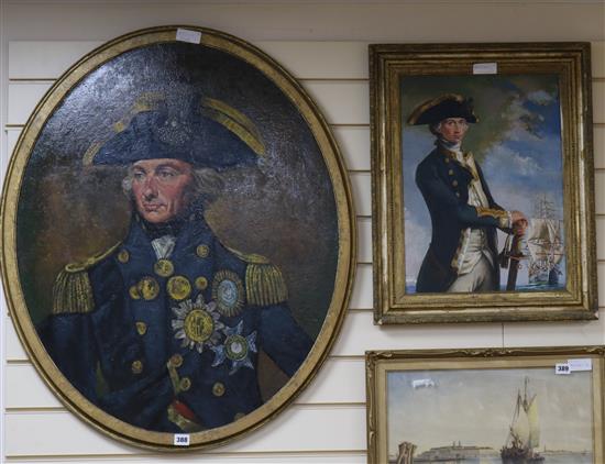English School, 2 oils on board, Portraits of Nelson and another naval officer, 83 x 68cm and 47 x 34cm